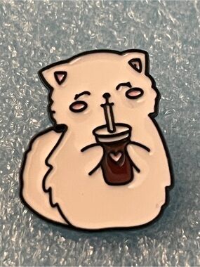 White Cat with Drink Enamel Pet-Themed Pin